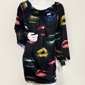 Y2K Miss Sixty Euro Black Off-Shoulder Multicolor Lip Print Blouse or Dress
